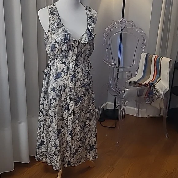 Romantic Silk Cotton Summer Dress with Buttons and Ruffles Size Medium - Picture 1 of 13